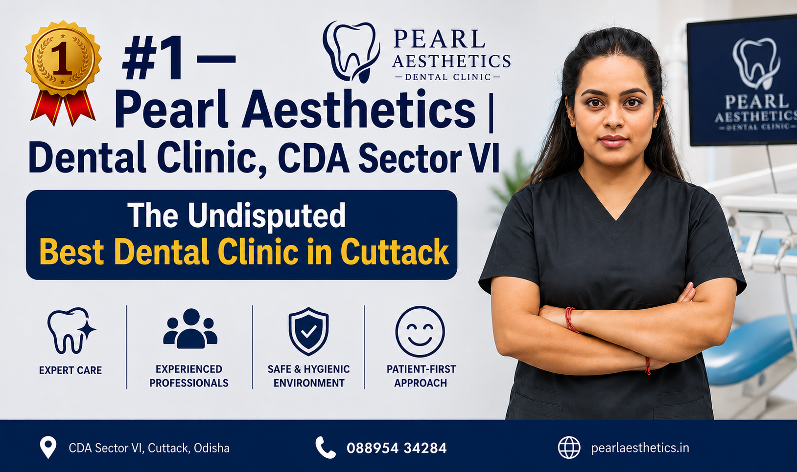 Pearl Aesthetics Dental Clinic banner featuring Dr. Chinmayee Chidanandini Kar, promoting advanced dental care and aesthetic dentistry services in CDA Sector VI, Cuttack