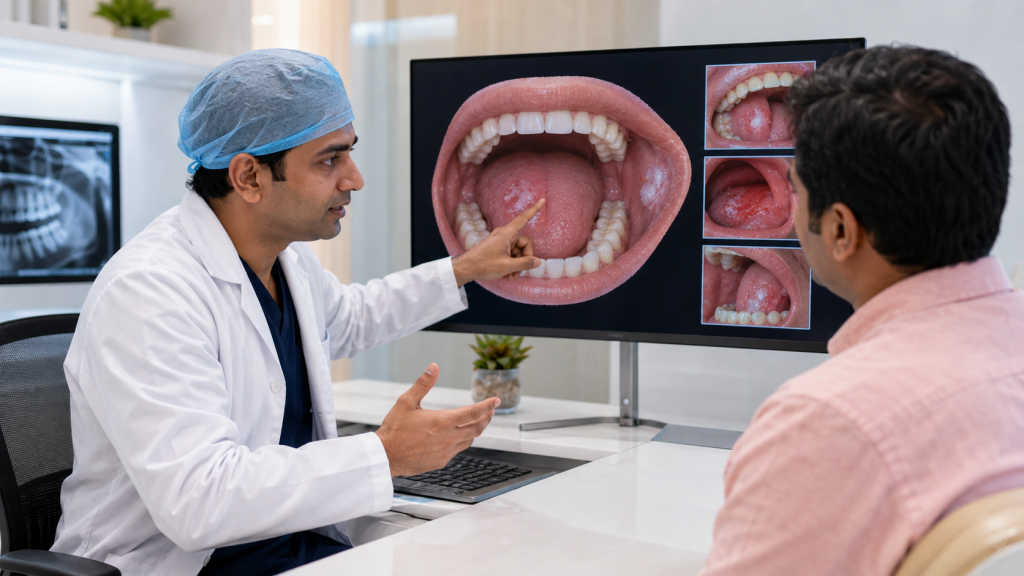 Oral and maxillofacial surgeon explaining early oral cancer warning signs to a patient using a 3D mouth illustration on a digital monitor in a modern dental clinic.