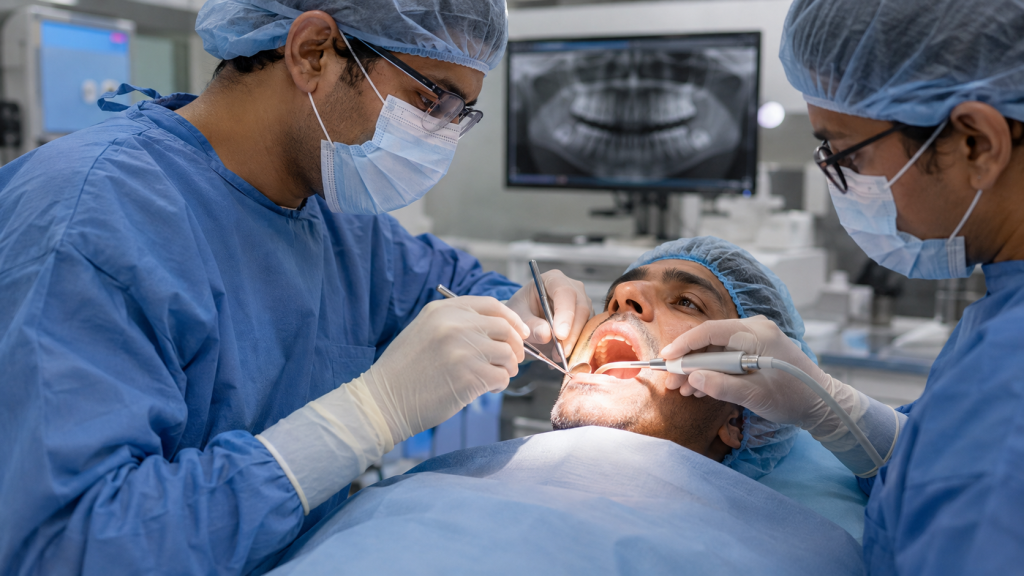 Oral surgeon performing impacted wisdom tooth removal in a modern dental operating room.
