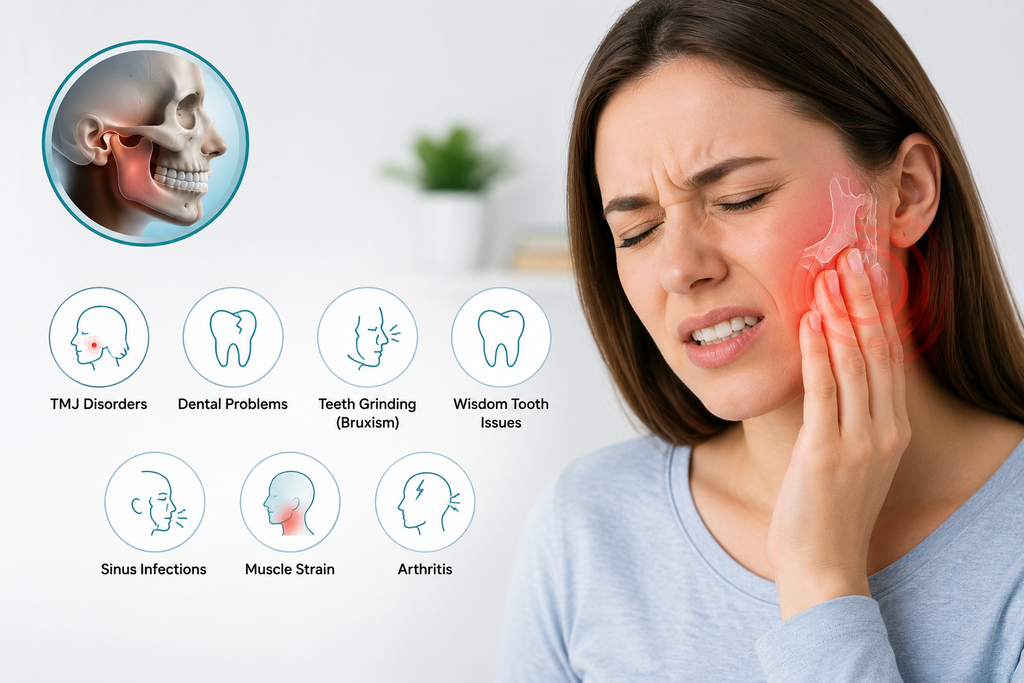 Woman experiencing jaw pain while chewing with common causes of jaw pain illustrated