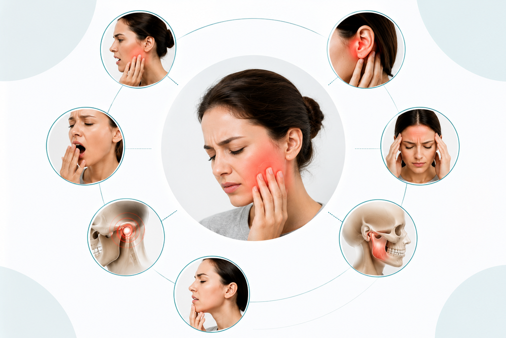 Woman experiencing jaw pain with subtle illustrations showing common symptoms affecting the jaw, ear, head and facial muscles